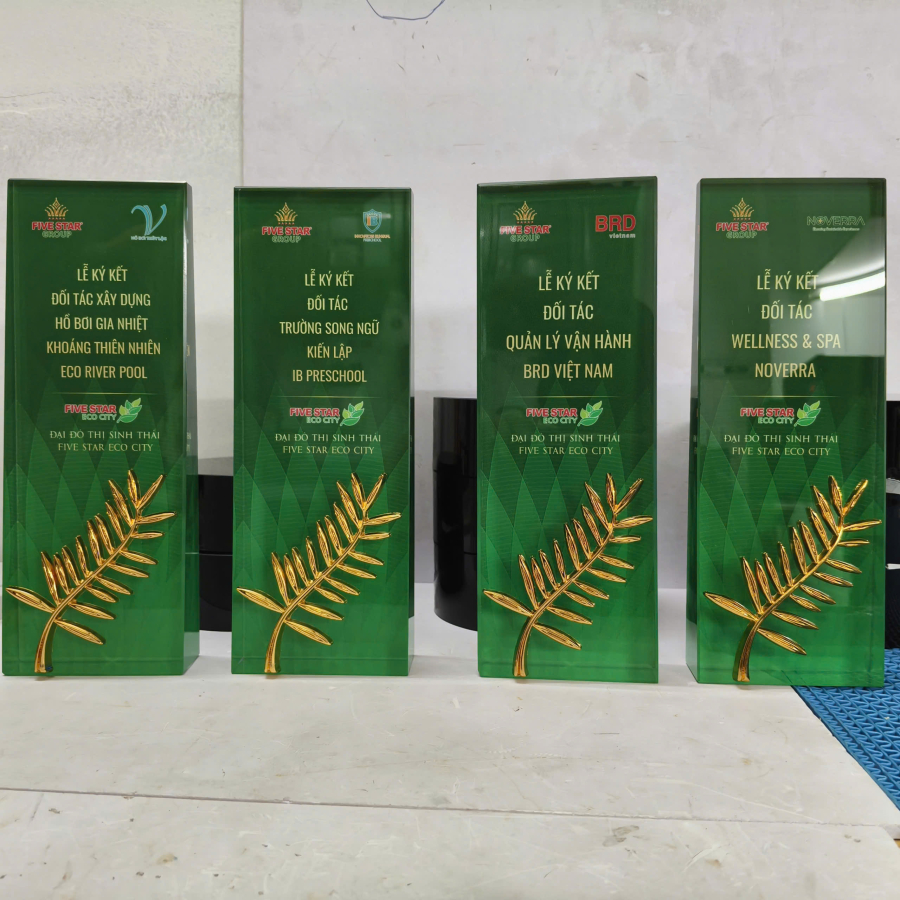 Kỷ niệm chương pha lê nguyên khối chữ nhật gắn lá